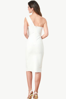 One Shoulder White Bodycon Graduation Dress with Buttons