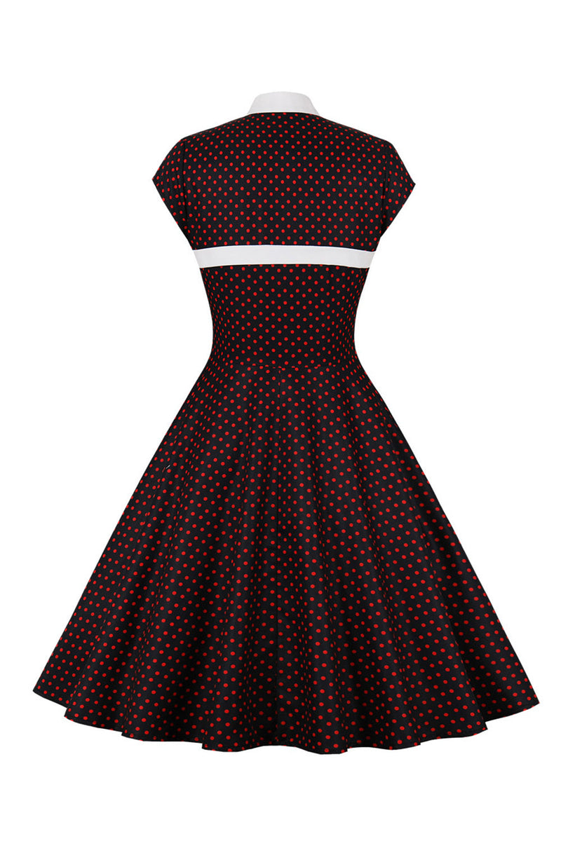 Zapaka Women Black Polka Dots 1950s Dress With Button Keyhole Stand Collar Swing Vintage Dress 