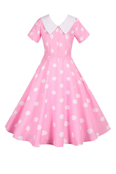 Polka Dots Pink Vintage Dress with Short Sleeves