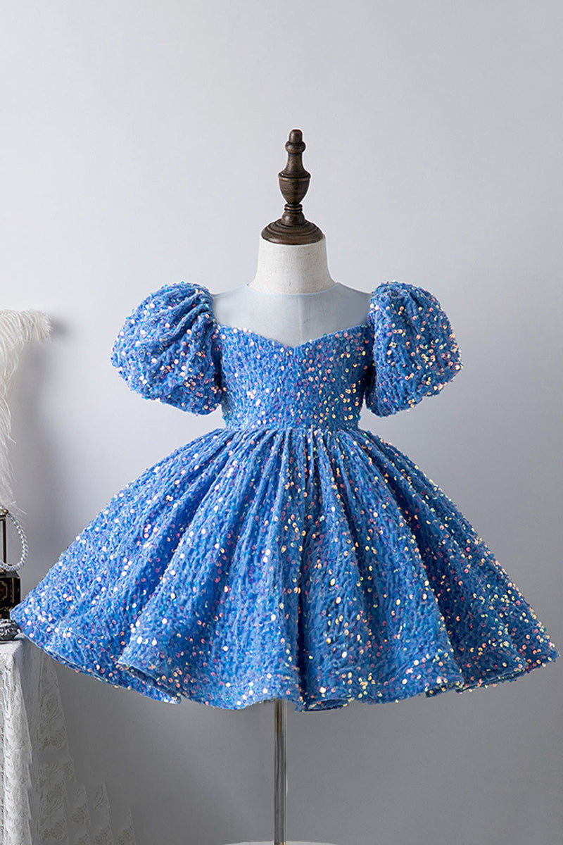 Zapaka Blue Girls Dresses A Line Puff Sleeves Sequins Sparkly Girls Party  Dresses – ZAPAKA UK