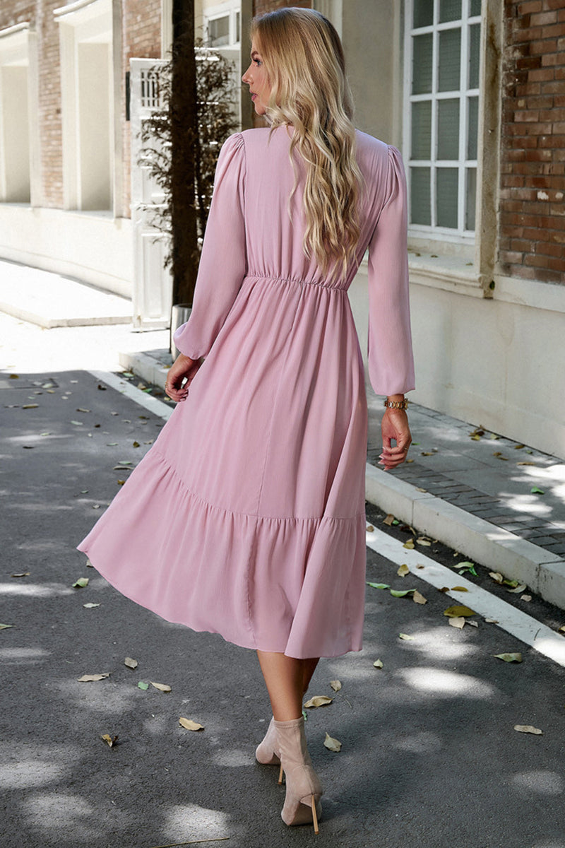 Pink Long Sleeves A Line Casual Dress