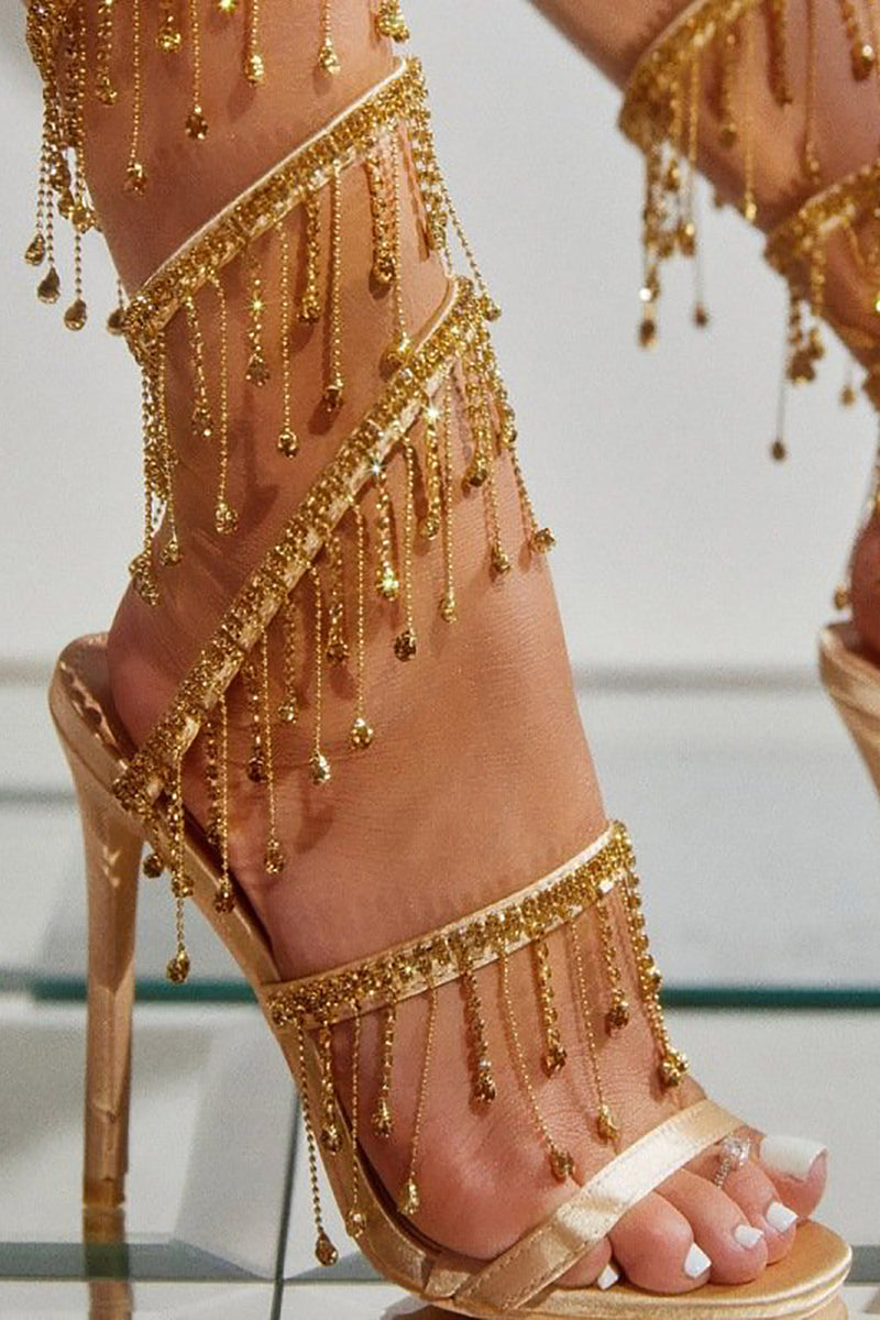 Load image into Gallery viewer, Golden Sparkly Strappy High Heeled Sandals With Tassel