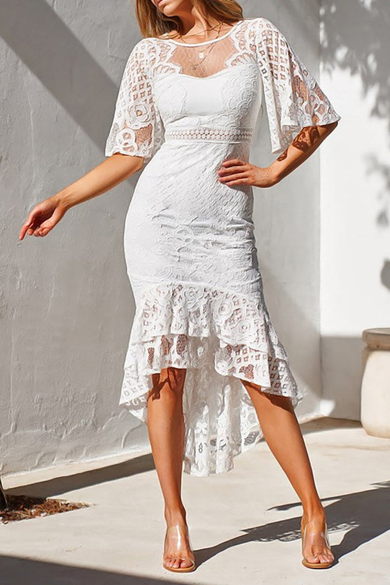 Load image into Gallery viewer, White Mermaid Lace Midi Graduation Dress With Half Sleeves