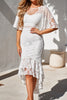 Load image into Gallery viewer, White Mermaid Lace Midi Graduation Dress With Half Sleeves