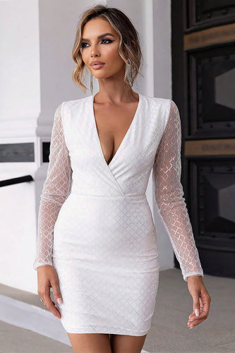 Sparkly White V-Neck Open Back Bodycon Graduation Dress With Long Sleeves
