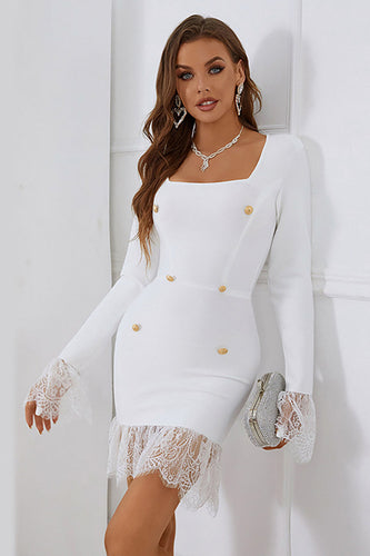 White Square Neck Bodycon Graduation Dress With Long Sleeves