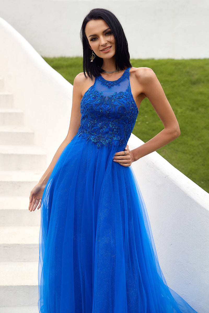 Zapaka Women Tulle Prom Dress Royal Blue A-Line Party Dress With Appliques, Royal Blue / UK8