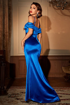 Royal Blue Sparkly Cold Shoulder Prom Dress With Slit
