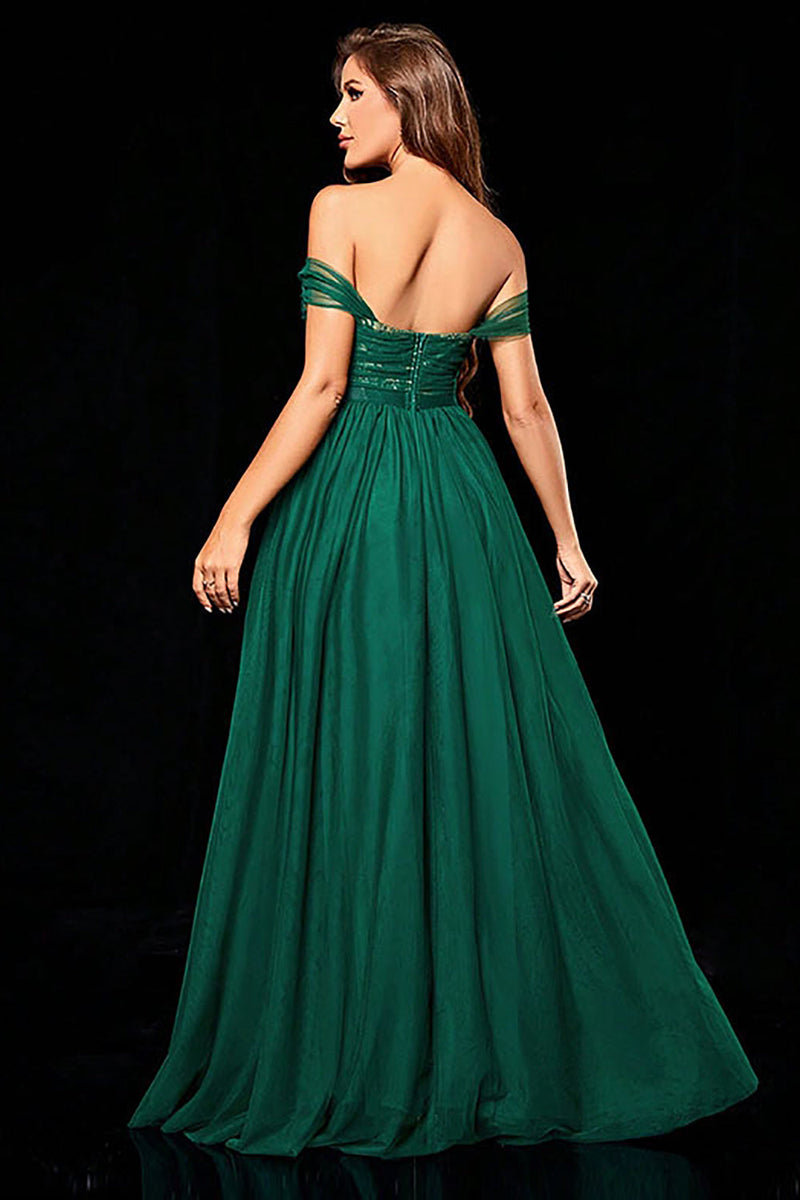Load image into Gallery viewer, Dark Green A Line Tulle Off the Shoulder Prom Dress