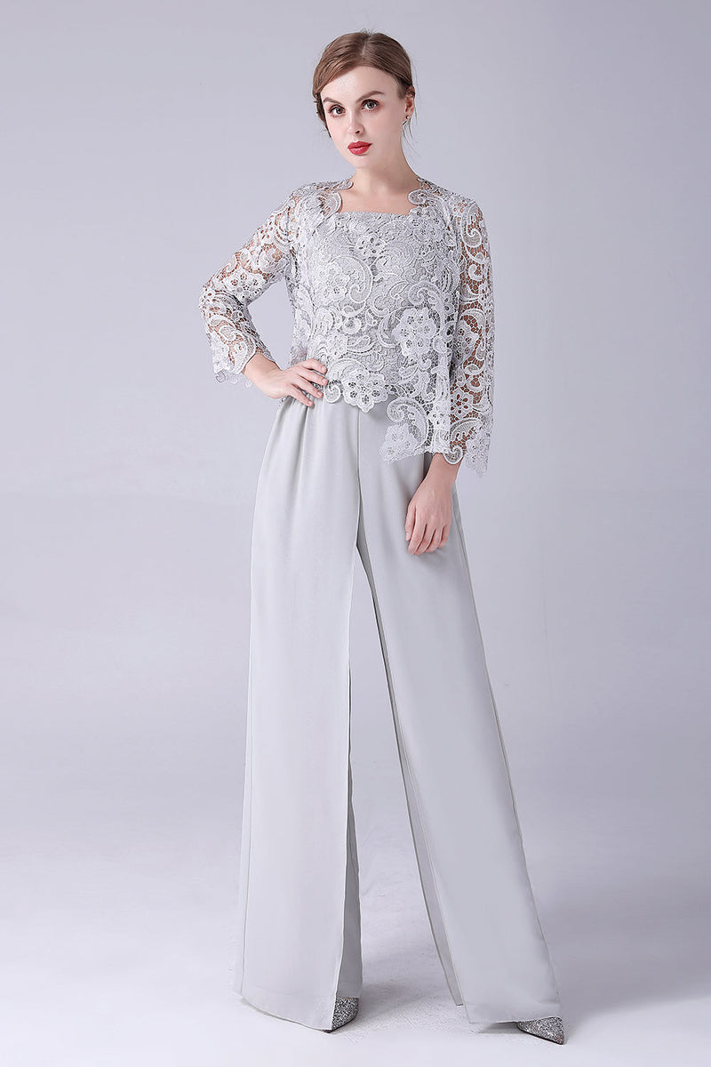 Zapaka Women Silver Chiffon Pant and Lace Top Mother of The Bride Pant Suits  – ZAPAKA UK