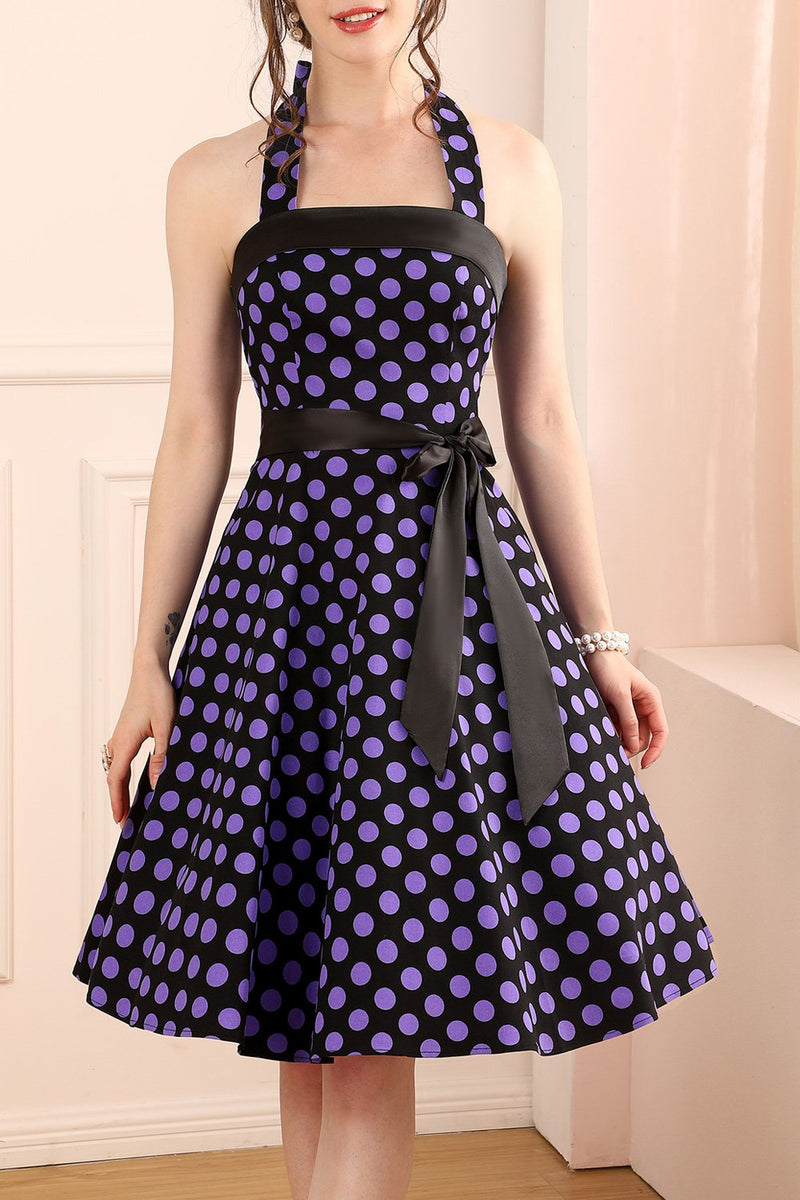 Load image into Gallery viewer, Halter Purple Dots Dress