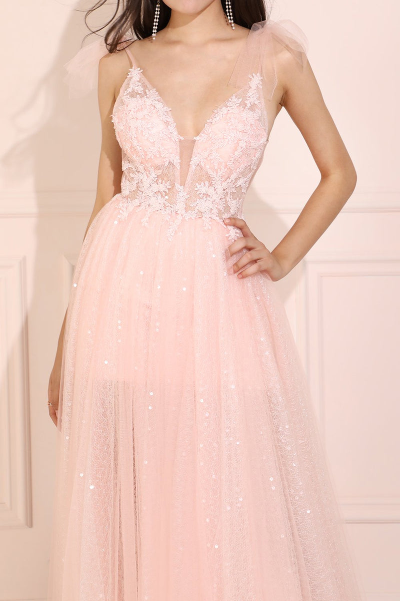 Light pink v shop neck prom dress