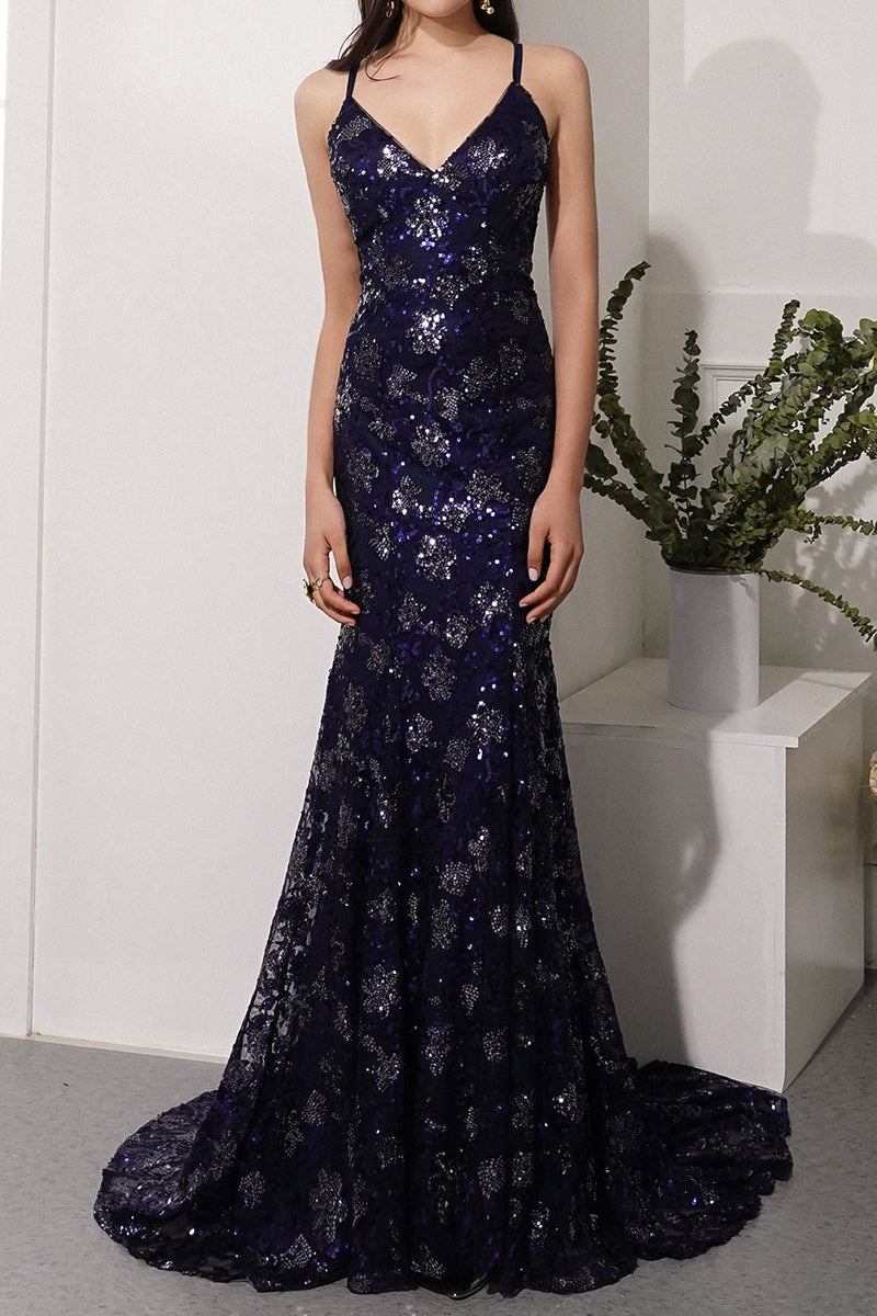 Zapaka Prom Dress Mermaid Navy Spaghetti Straps Backless Beaded Sequin