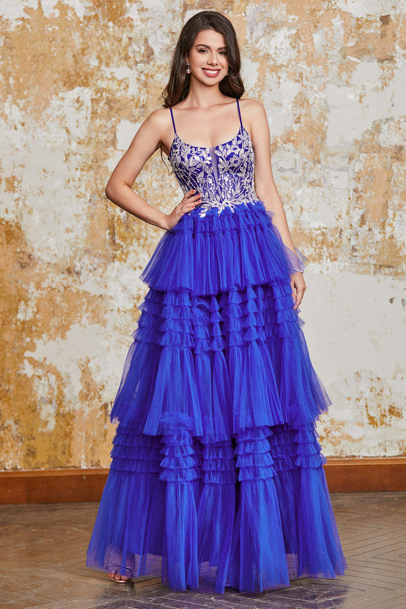 Royal blue spaghetti 2024 strap prom dress