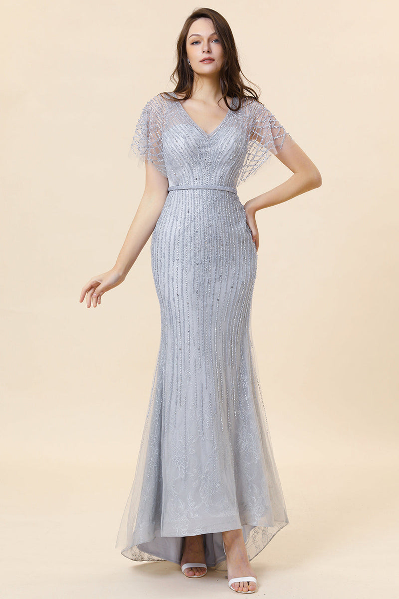 ZAPAKA Women Sparkly Grey Mermaid Beaded Long Formal Evening Dress