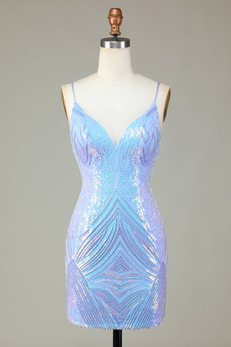Sparkly Sheath Spaghetti Straps Blue Sequins Short Party Dress with Backless