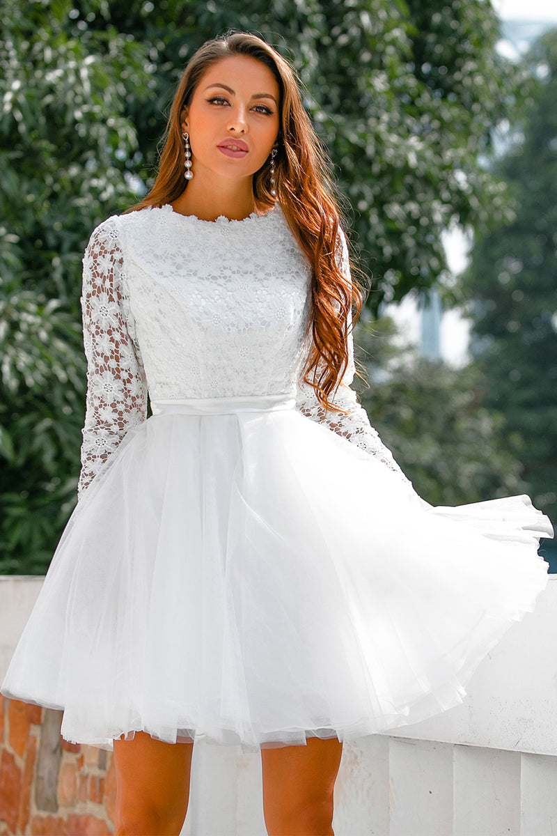 HOT Bridal Dress White Lace Long Sleeve Dress Short Bridal