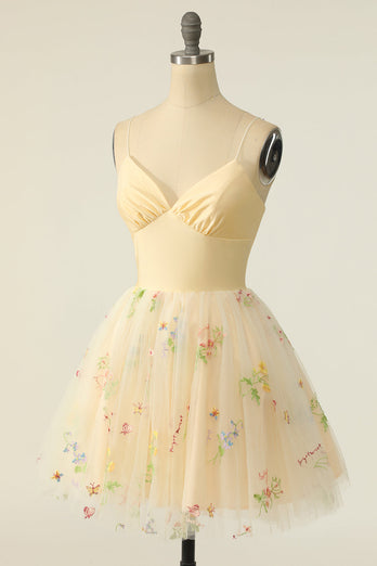 Champagne Tulle A-line Graduation Dress with Embroidery