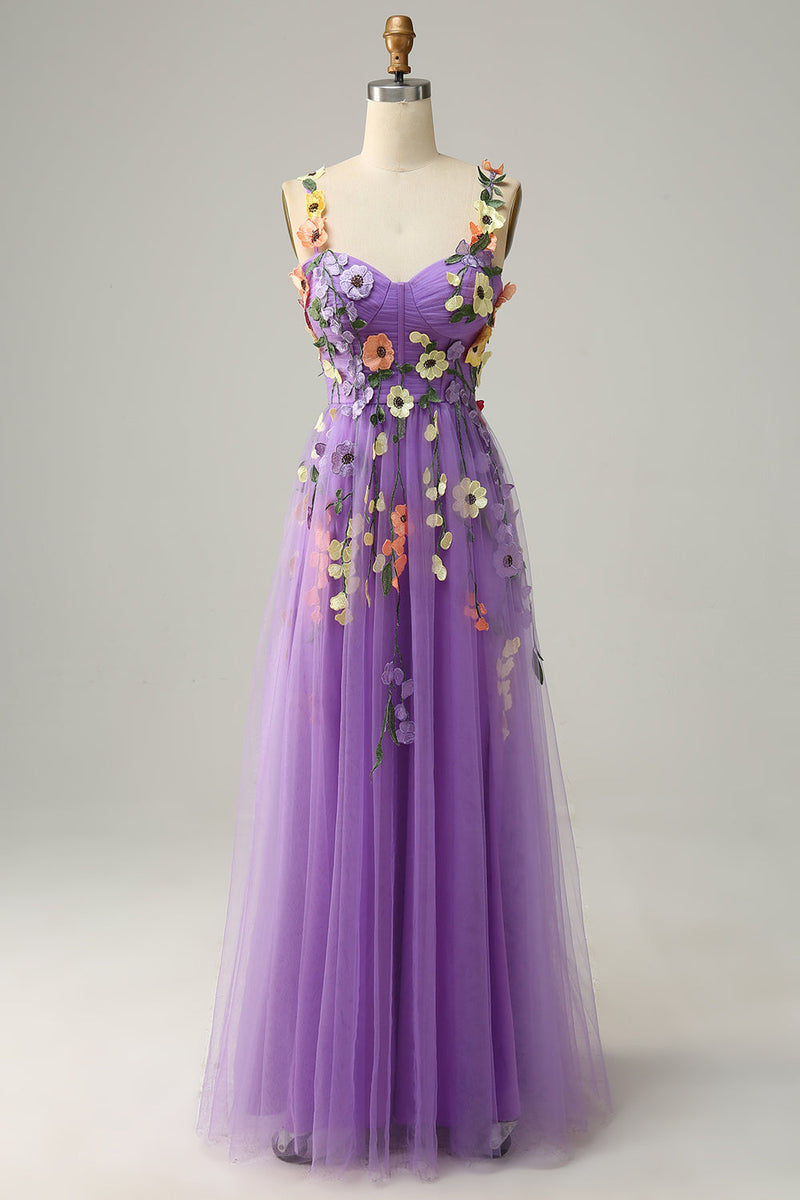 Load image into Gallery viewer, A Line Purple Spaghetti Straps Prom Dress With 3D Flowers