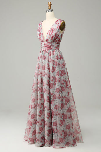 Grey and Pink Floral A Line Prom Dress