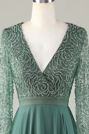 A Line Green V-Neck Beaded Long Sleeves Mother Of the Bride Dress