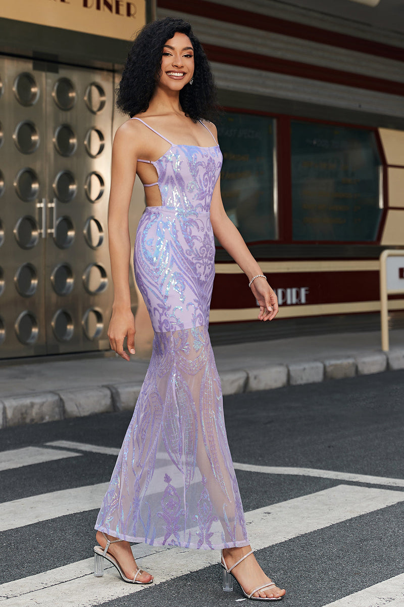 Load image into Gallery viewer, Lilac Sheath Spaghetti Straps Long Prom Dress with Accessory