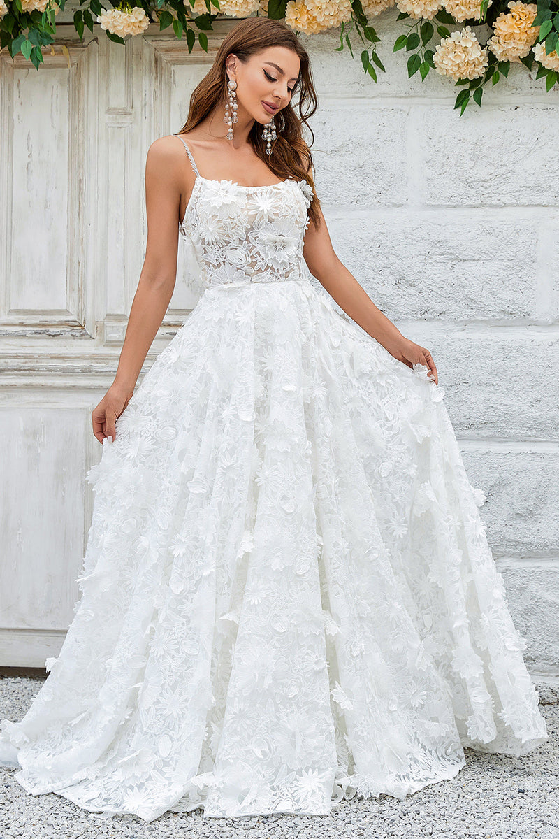 Fit And Flare Floral Lace Wedding Dress With Spaghetti Straps