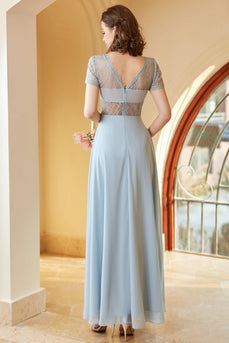 Long Chiffon Blue Wedding Guest Dress with Lace