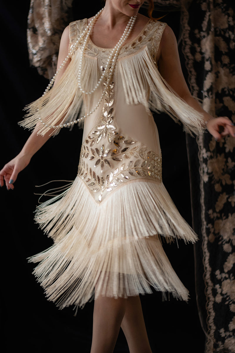 Zapaka Women 1920s Gatsby Dress Champagne Round Neck Vintage Dress with