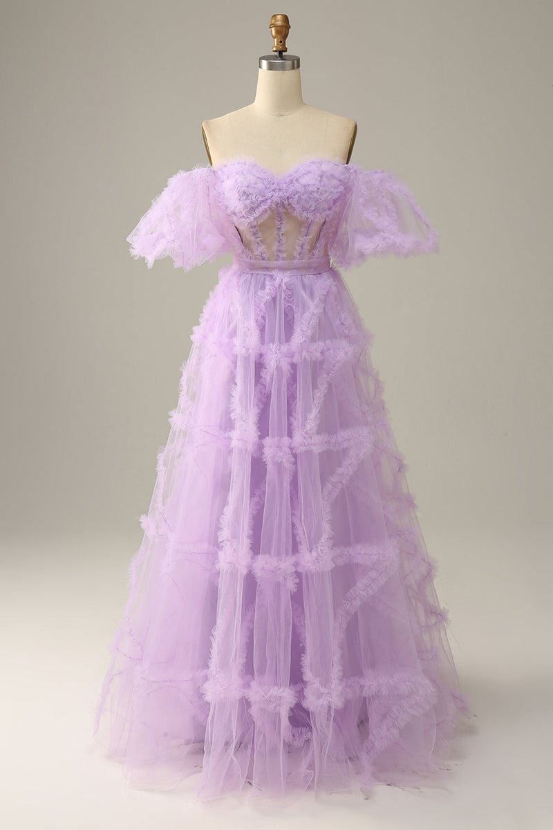 Load image into Gallery viewer, Purple Tulle Off The Shoulder Prom Dress