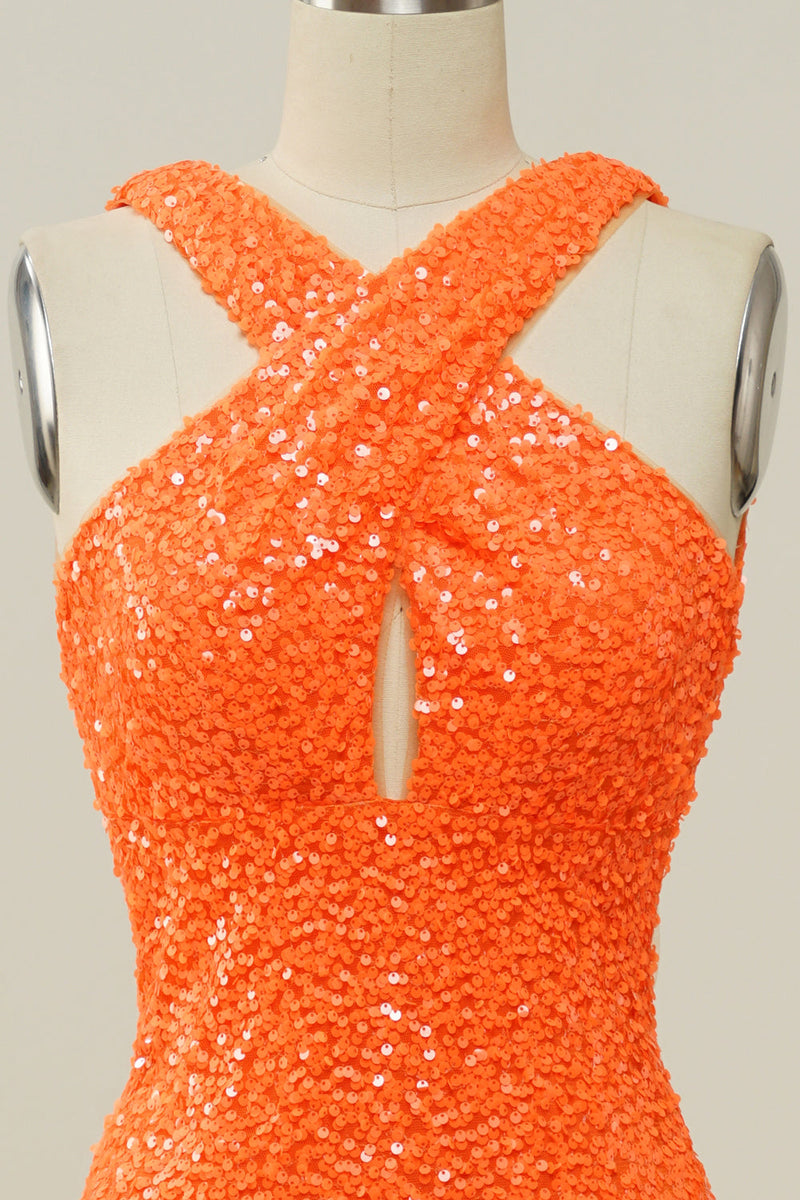 Load image into Gallery viewer, Orange Halter Sequined Backless Mermaid Prom Dress