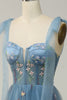 Load image into Gallery viewer, Grey Blue Embroidery Corset Long Prom Dress