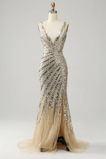 Luxurious Mermaid Deep V Neck Golden Sequin Prom Dress with Silt
