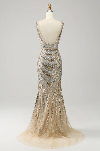 Luxurious Mermaid Deep V Neck Golden Sequin Prom Dress with Silt