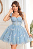 Load image into Gallery viewer, A Line Spaghetti Straps Grey Blue Short Prom Dress with Embroidery