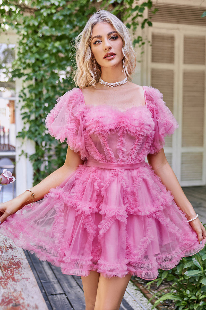 Load image into Gallery viewer, Hot Pink Off the Shoulder Tulle Homecoming Dress