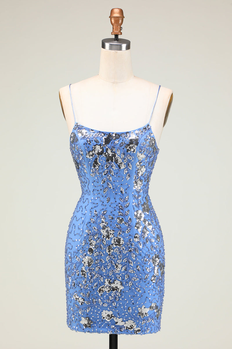Load image into Gallery viewer, Sparkly Sheath Grey Blue Sequins Cocktail Dress with Criss Cross Back