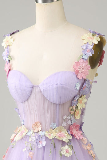 Purple Spaghetti Straps Tulle Graduation Dress With 3D Flowers