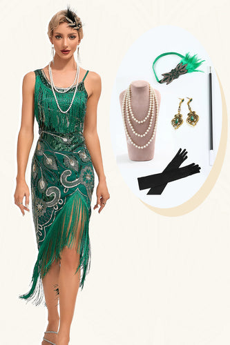 Sparkly Dark Green Sequins Fringes Asymmetrical 1920s Gatsby Dress with Accessories Set
