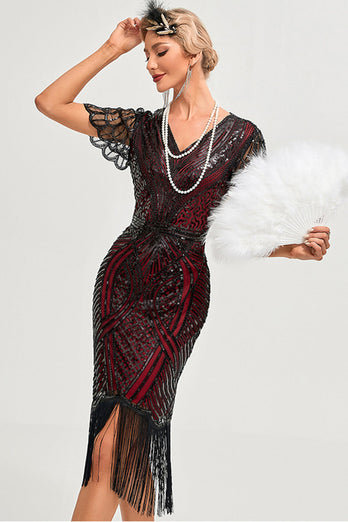 Sparkly Fringes Burgundy 1920s Dress with Accessories Set