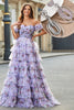 Load image into Gallery viewer, Removable Sleeves Purple Print Tiered Prom Dress with Accessory