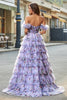 Load image into Gallery viewer, Removable Sleeves Purple Print Tiered Prom Dress with Accessory