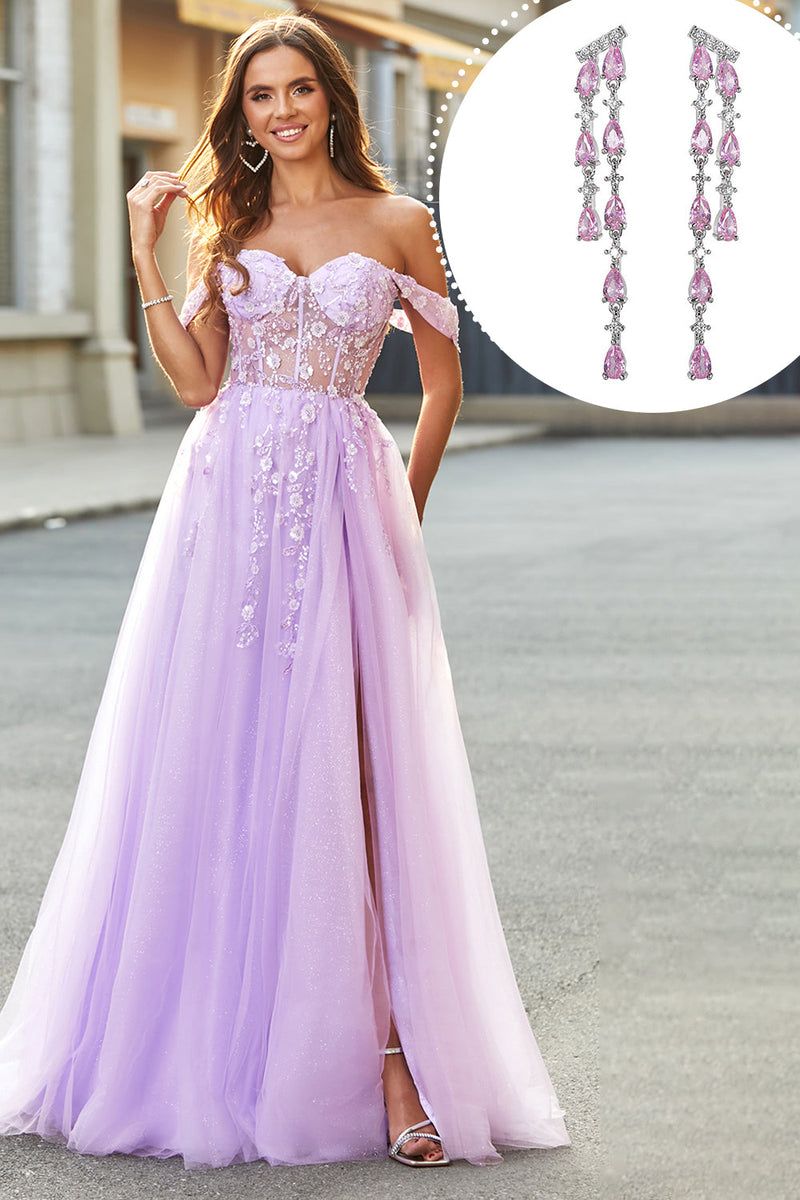 Load image into Gallery viewer, Off the Shoulder Appliques Tulle Corset Prom Dress with Accessory