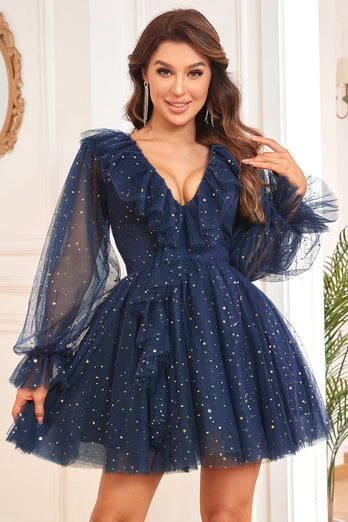 A Line V Neck Navy Graduation Dress with Long Sleeves
