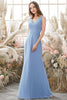 Load image into Gallery viewer, Blue V Neck Chiffon Bridesmaid Dress