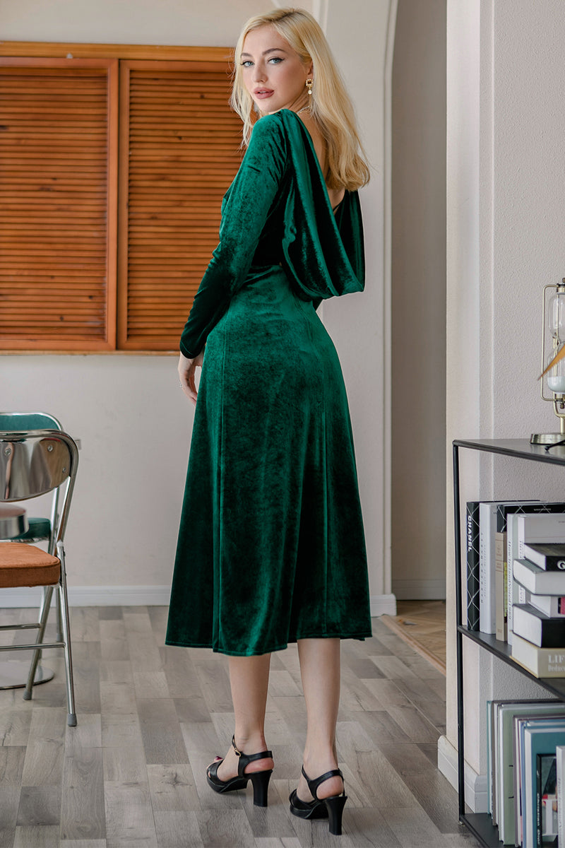 Long dark green velvet clearance dress