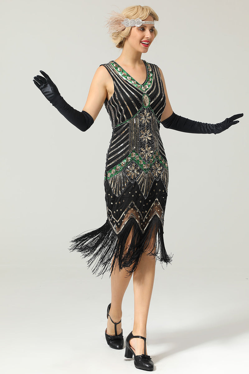 Load image into Gallery viewer, Black Glitter Fringe 1920s Flapper Dress