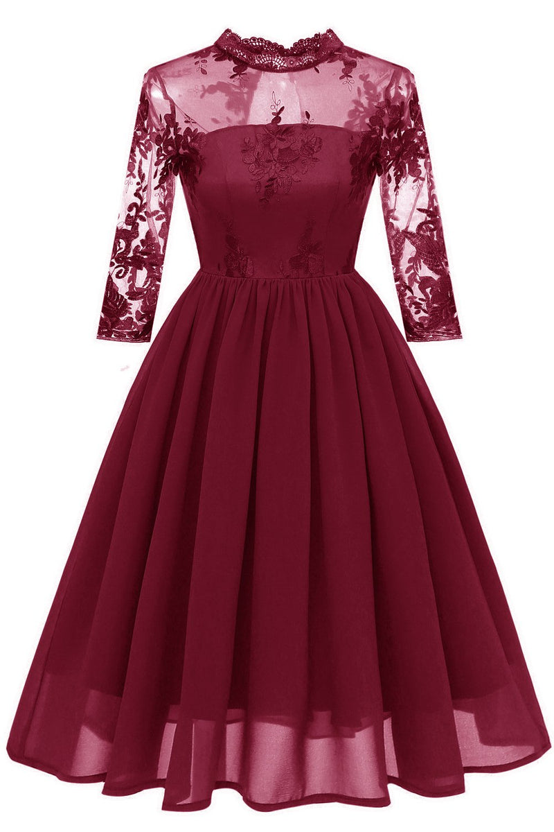 Load image into Gallery viewer, Burgundy Long Sleeves Lace Dress