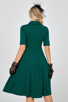 Dark Green Short Sleeves Vintage 1950s Dress with Buttom