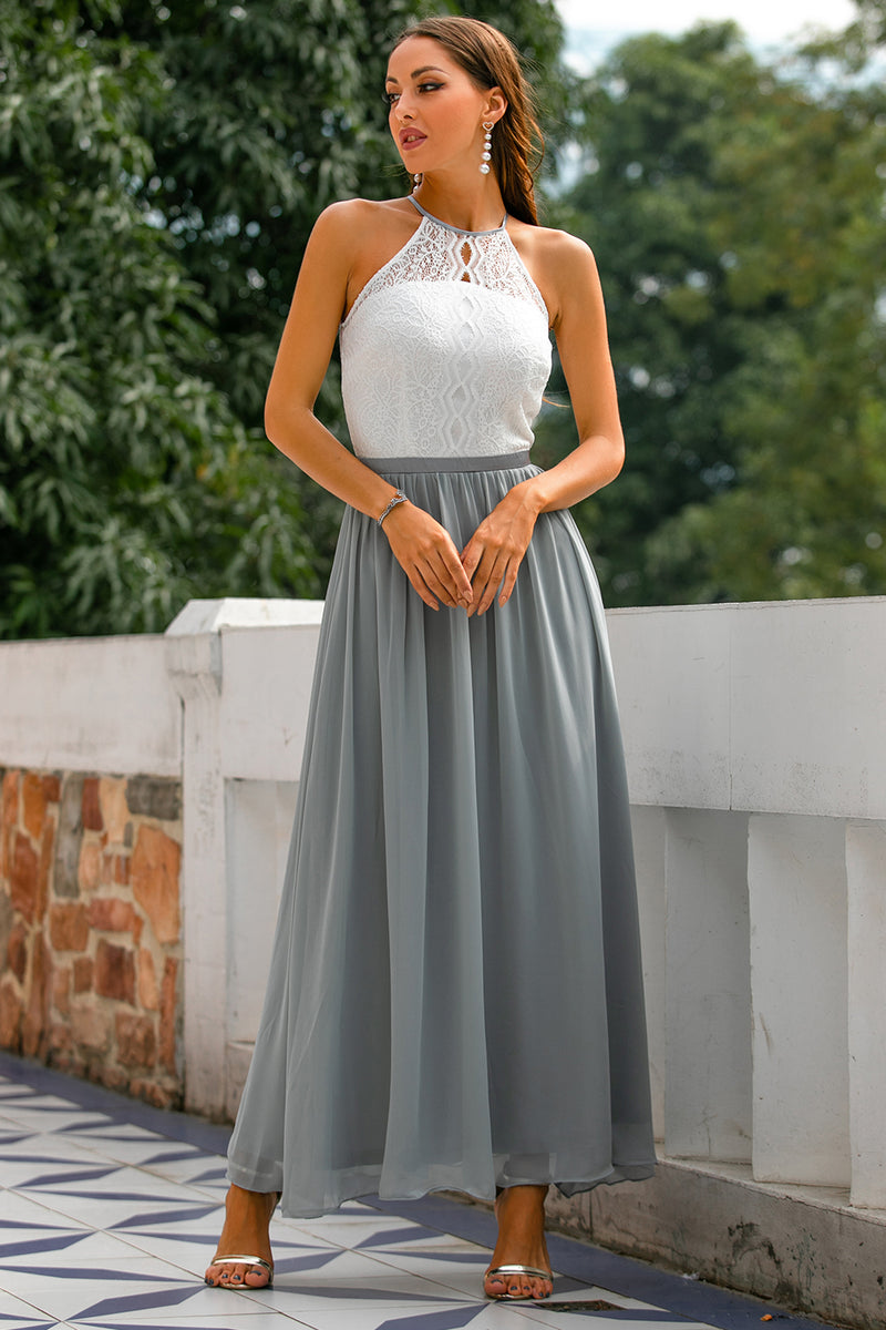 Load image into Gallery viewer, Grey Halter Lace Wedding Guest Dress